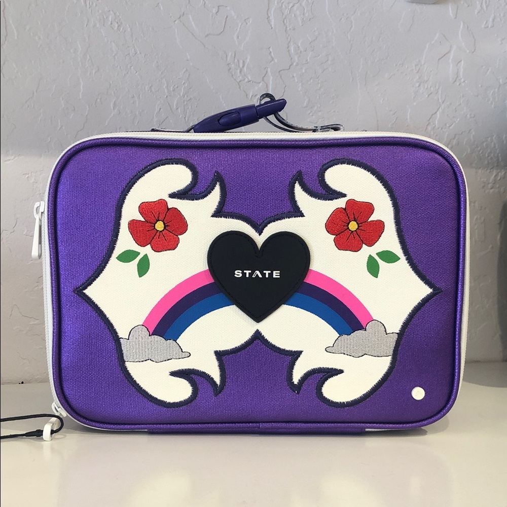 STATE Purple Rainbow Heart Cosmetic Case with Floral Motif